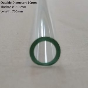 Transparent borosilicate glass tube with a 10mm outside diameter, 1.5mm thickness, and a length of 750mm on a neutral backdrop.