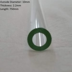 Borosilicate glass tube with a 10mm outside diameter and 2.2mm thickness, measuring 750mm in length, displayed on a plain background.