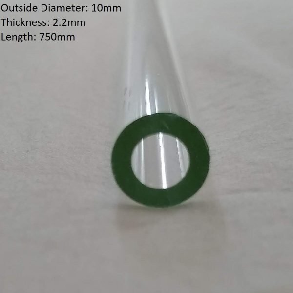 Borosilicate glass tube with a 10mm outside diameter and 2.2mm thickness, measuring 750mm in length, displayed on a plain background.