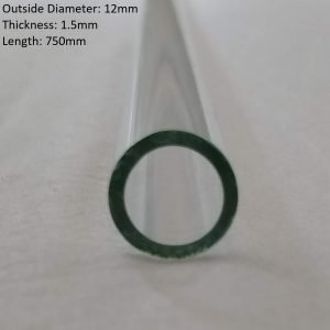 Close-up view of a clear borosilicate 3.3 glass tube with a 12mm outside diameter, 1.5mm wall thickness, and 750mm length, against a white background.