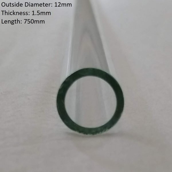 Close-up view of a clear borosilicate 3.3 glass tube with a 12mm outside diameter, 1.5mm wall thickness, and 750mm length, against a white background.