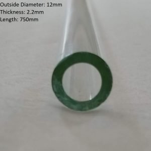 A 12mm outside diameter clear borosilicate glass tube with 2.2mm thickness and 750mm length on a white surface.