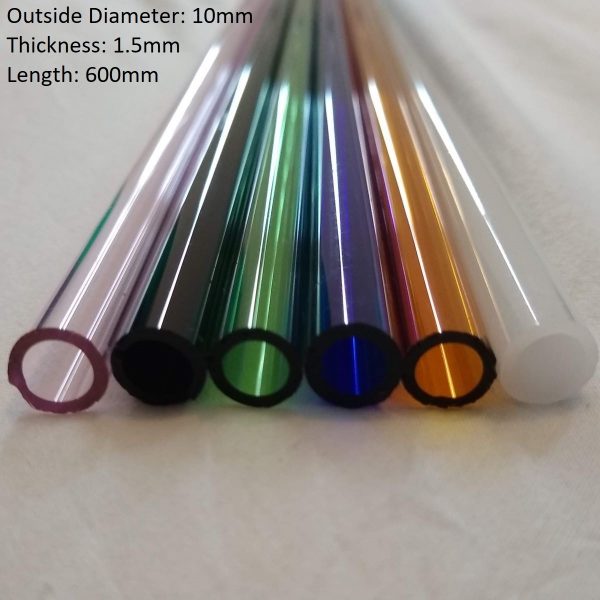 Array of 750mm length borosilicate glass tubes in assorted colors with a 10mm outside diameter and 1.5mm thickness, arranged in a fan shape.